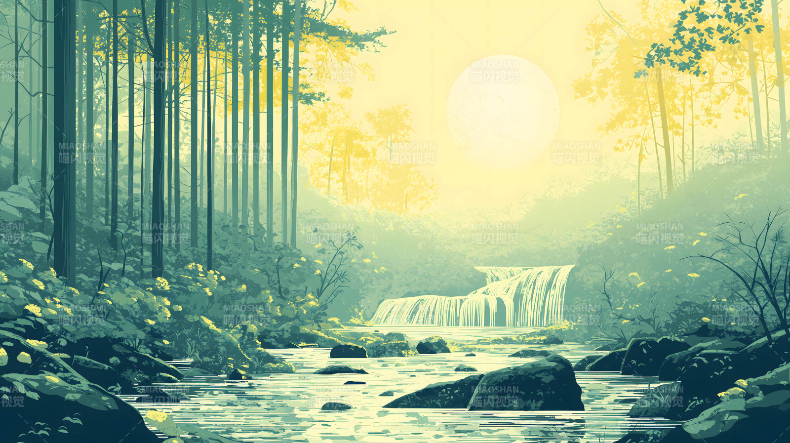 森林瀑布的宁静早晨图片