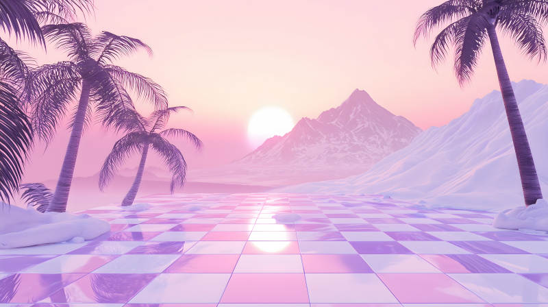 粉色梦幻雪山椰林图片