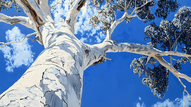 仰望蓝天下的白树图片