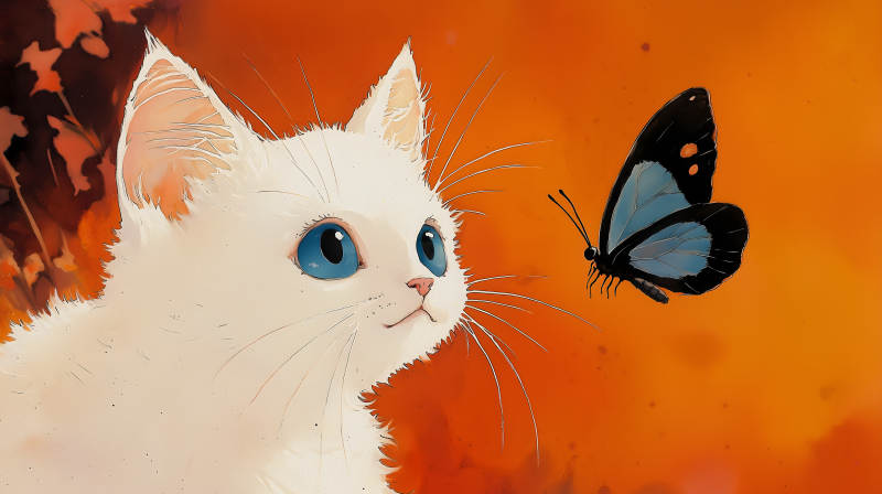 好奇的小白猫与蝴蝶图片