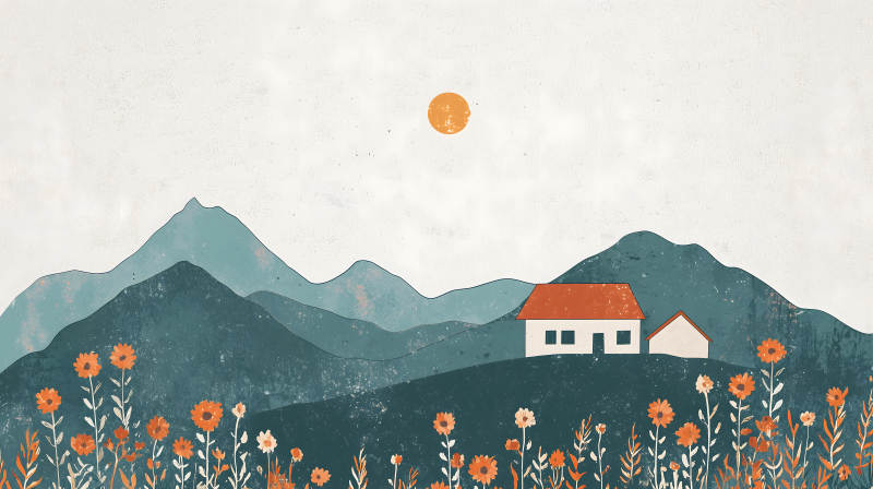 山间小屋与花海图片