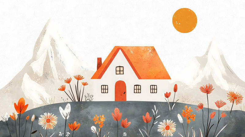 山间小屋与花海图片