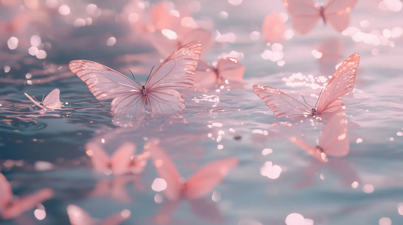 粉色蝴蝶与水面图片