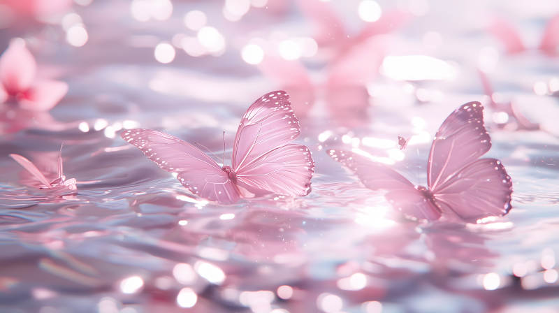 粉色蝴蝶轻触水面图片