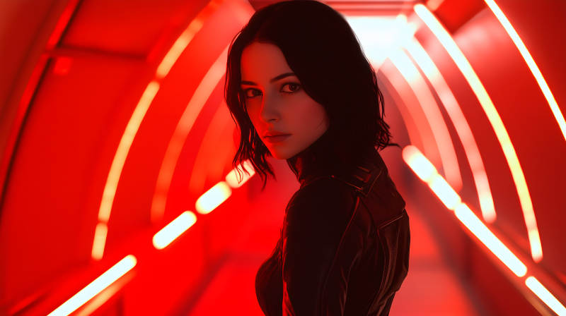 霓虹红光下的女子图片