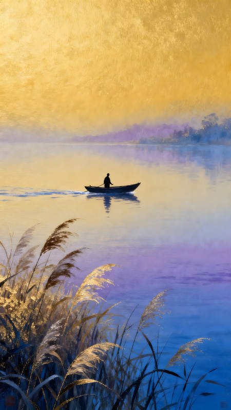 金色湖面上的孤舟宁静致远图片