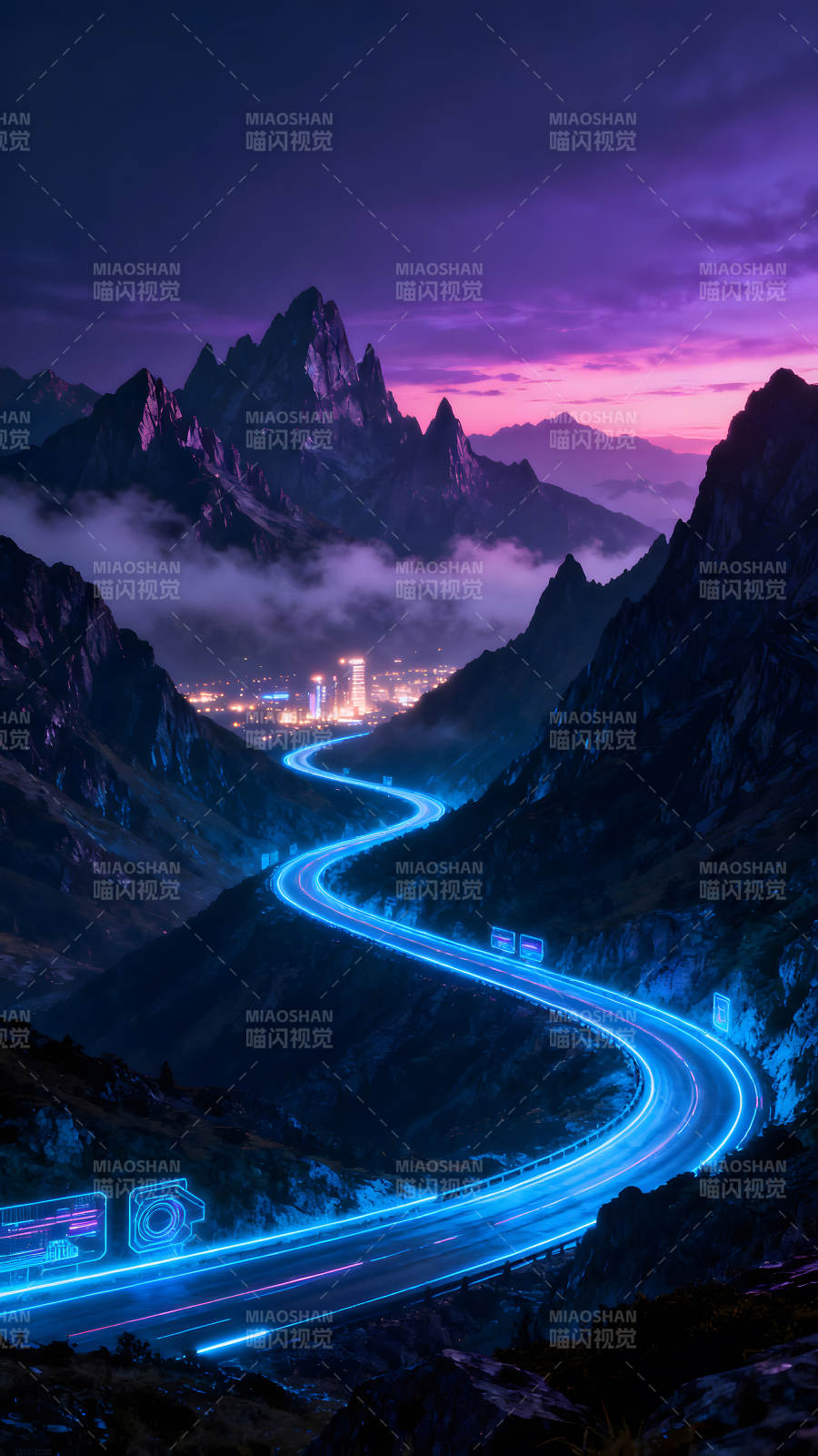 夜幕下的山路霓虹灯图片