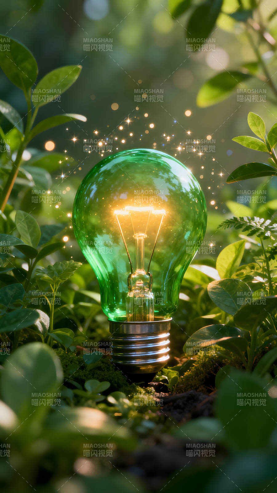 绿色灯泡闪耀光芒生机盎然图片