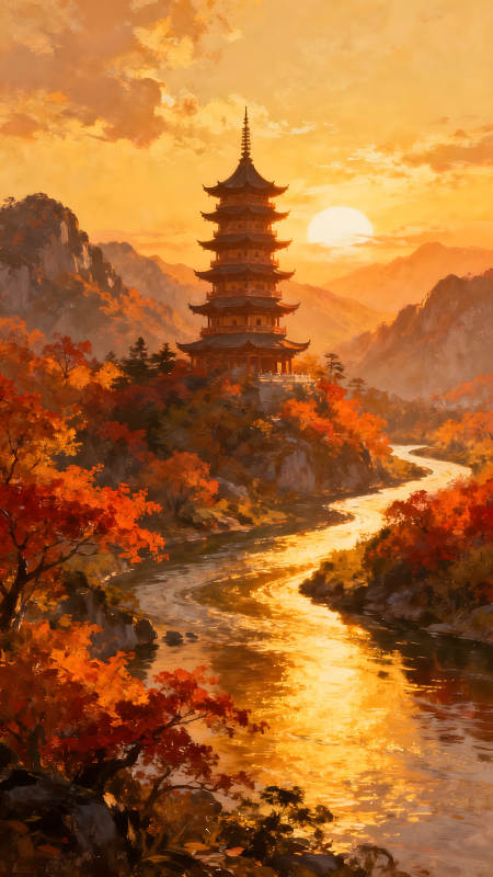 秋日寺庙与河流风光图片