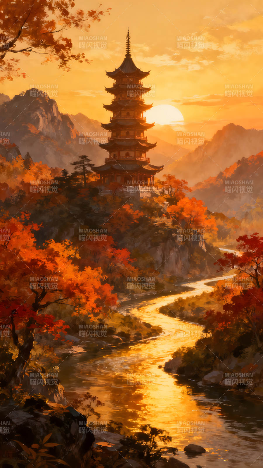 秋日山河壮丽景色宝塔夕阳流水图片