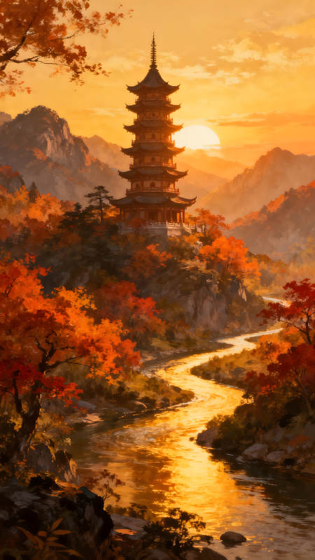 秋日山河壮丽景色宝塔夕阳流水图片
