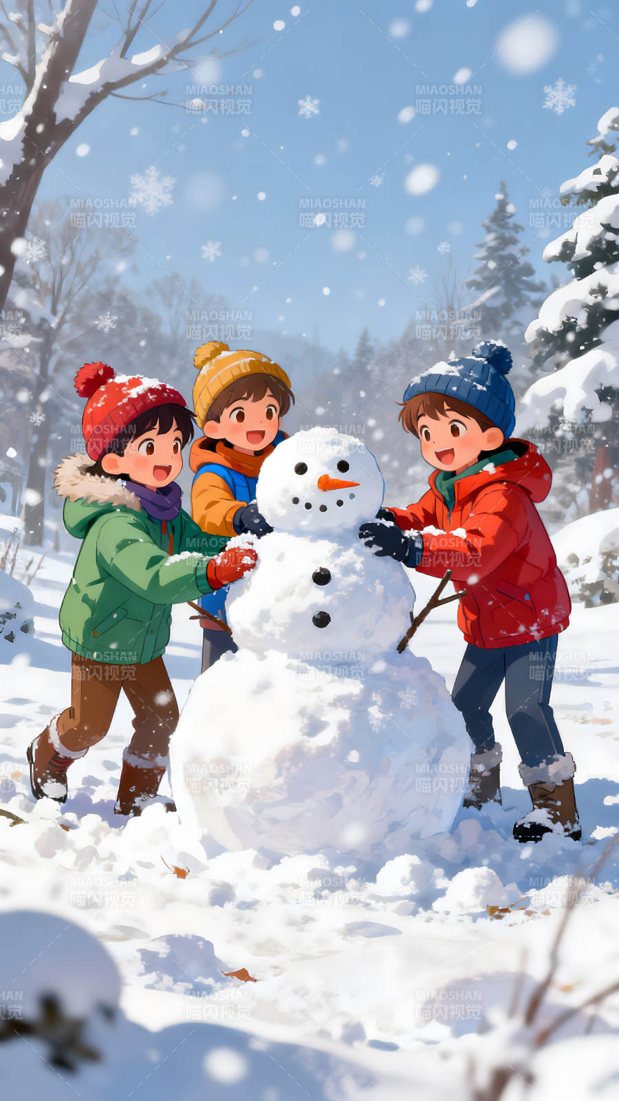 孩子们堆雪人开心的场景图片