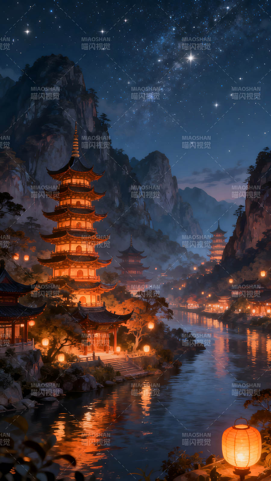 夜幕下的东方古镇灯火璀璨图片