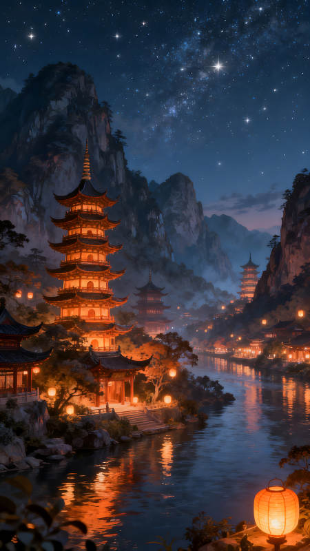 夜幕下的东方古镇灯火璀璨图片