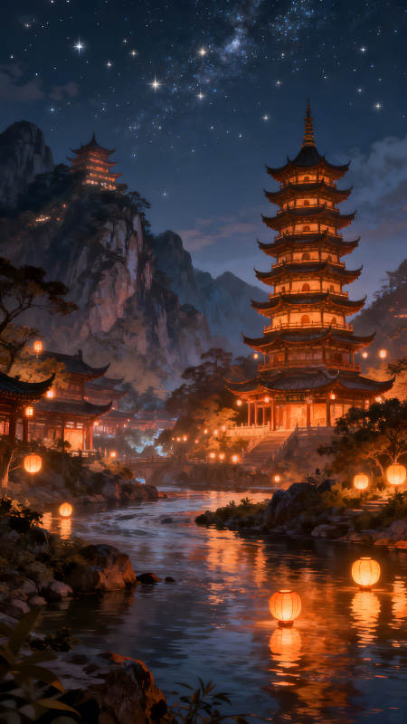 夜幕下的古老东方寺庙图片