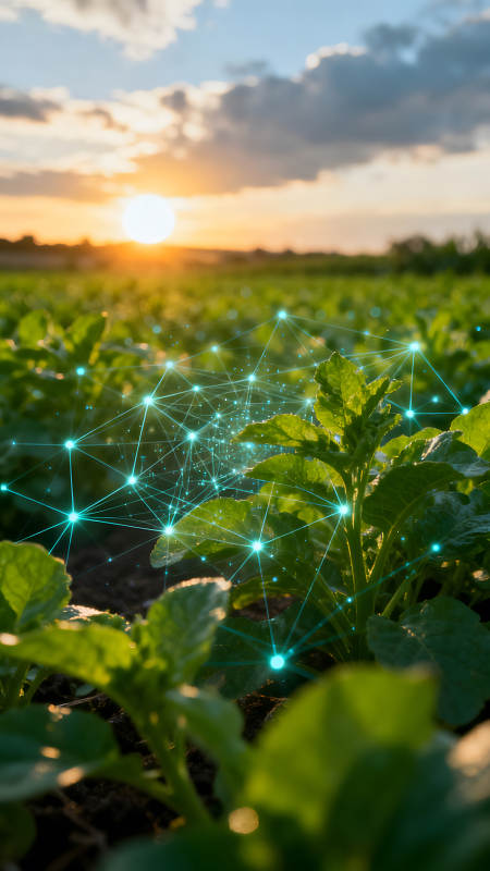 田野植物与科技连接的日出景象图片
