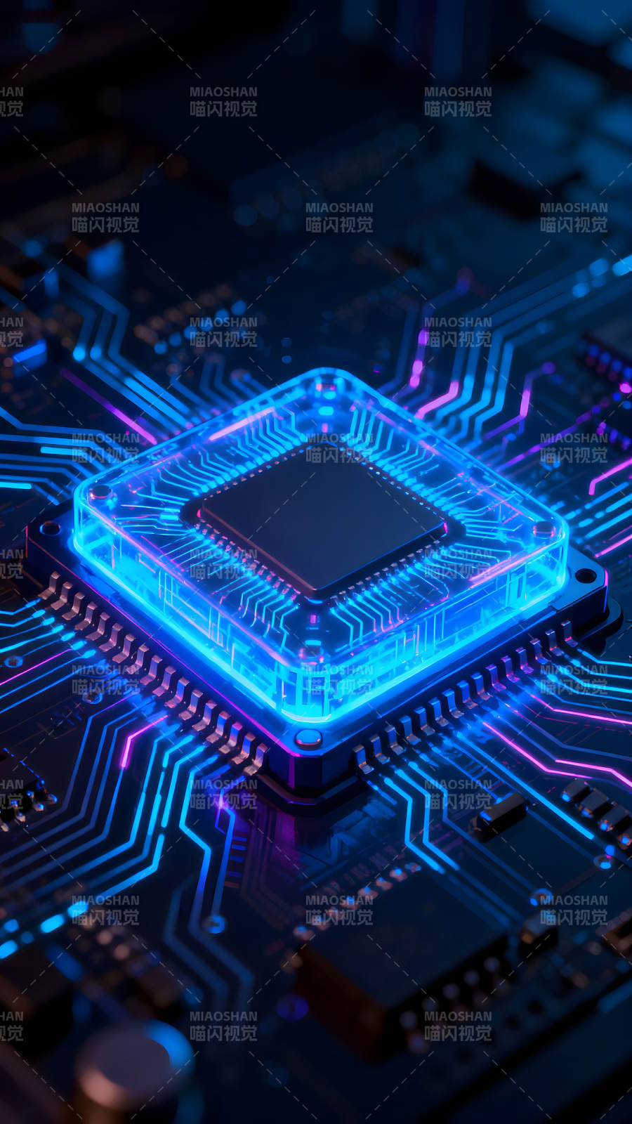 芯片电路蓝色光效特写图片
