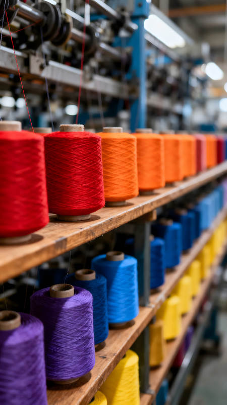 彩色线卷排列整齐的纺织车间图片