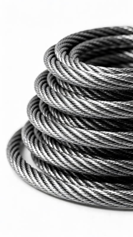 金属钢缆盘绕堆叠特写图片