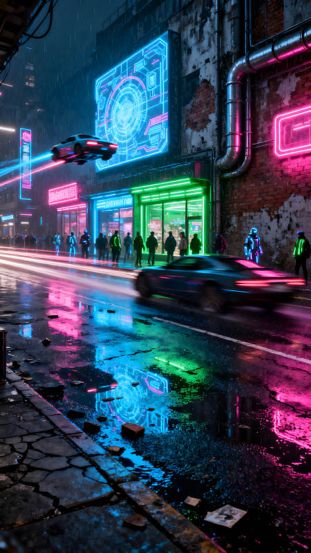 霓虹灯下的雨夜赛博朋克城市图片