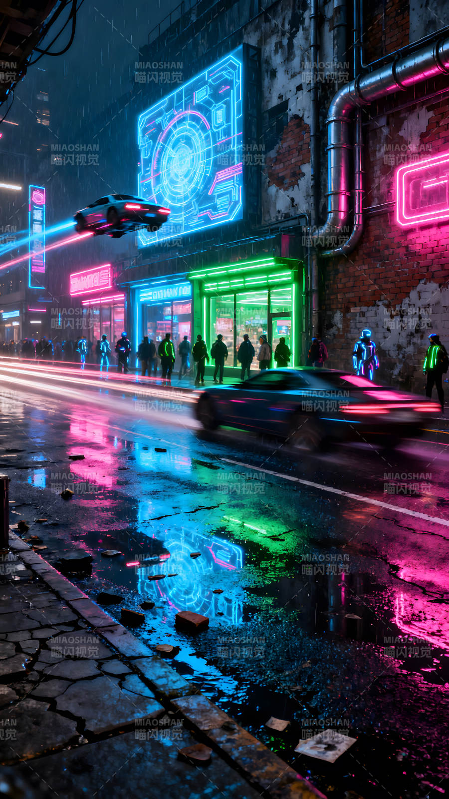 霓虹灯下的雨夜赛博朋克城市图片