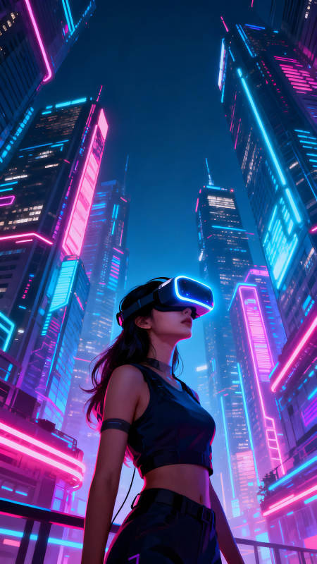 VR科技少女凝视未来城市夜景图片
