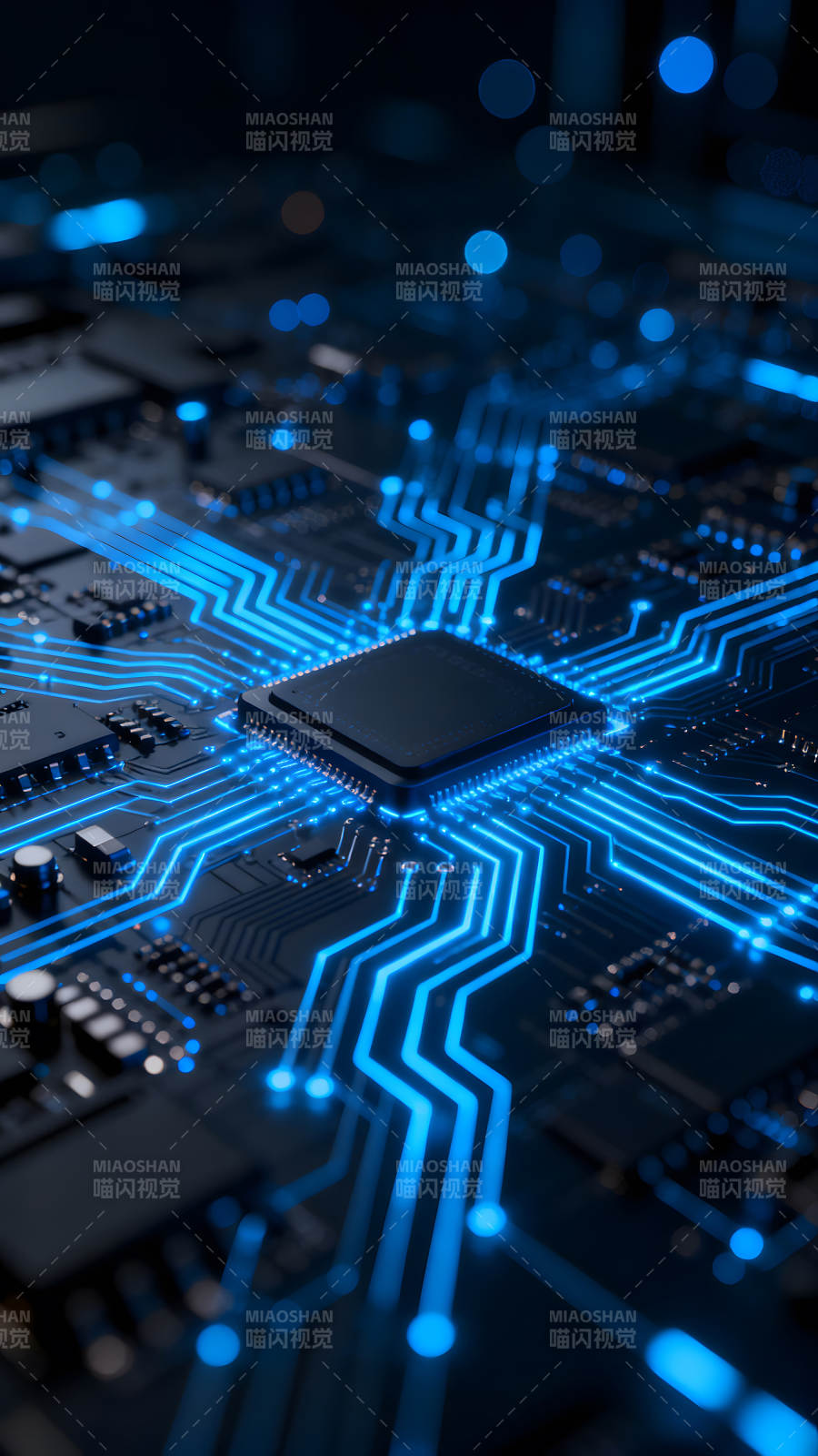 电子电路板发光蓝光特写图片