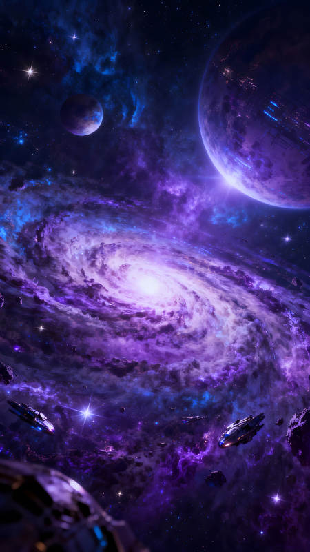 宇宙星云中的壮观星系与飞船图片