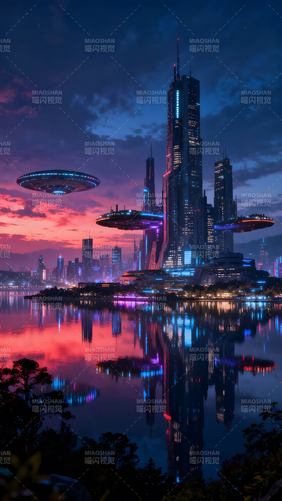 未来城市夜景反重力飞碟绚丽光影图片