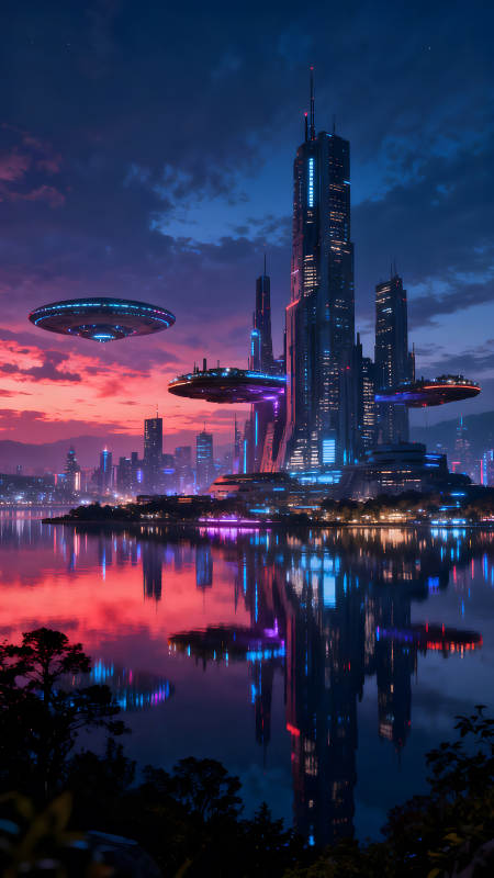 未来城市夜景反重力飞碟绚丽光影图片