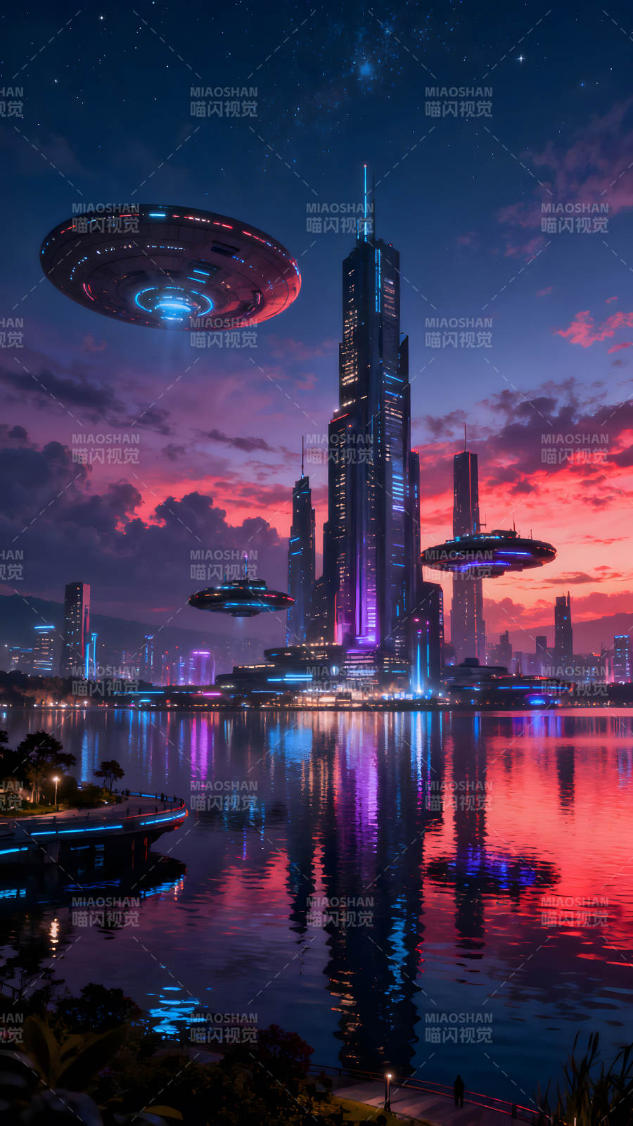 未来城市夜景飞船巡游图片