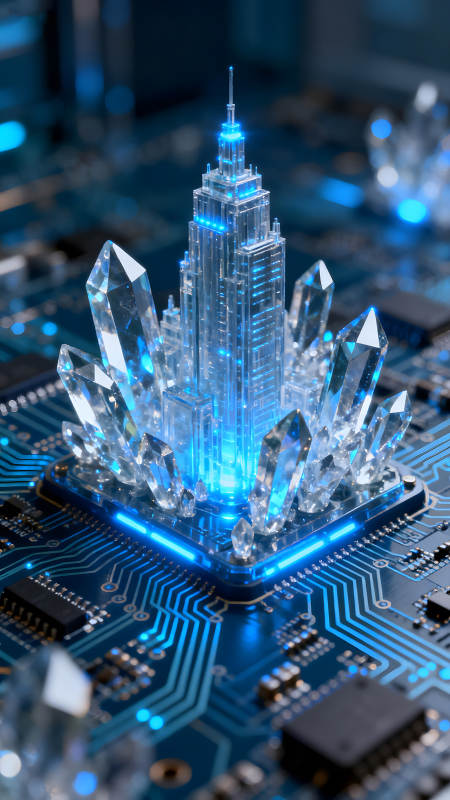 晶体建筑与电路板的科幻结合图片
