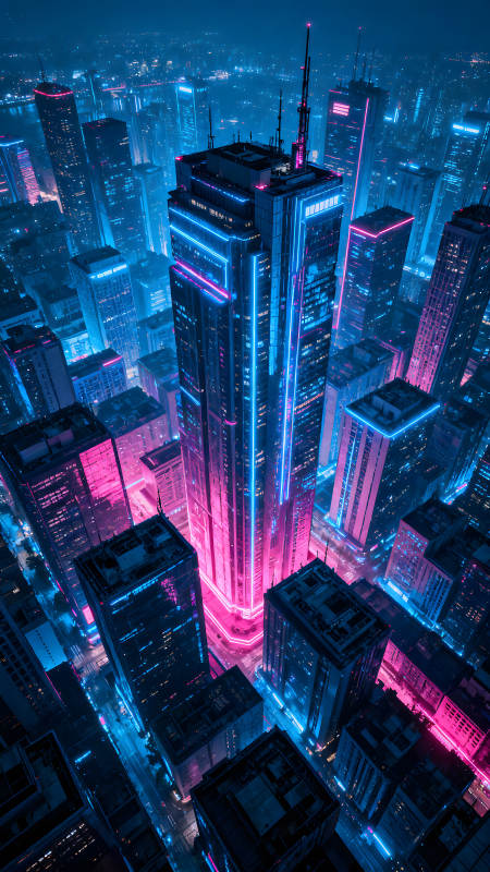 霓虹灯点亮未来都市高楼图片