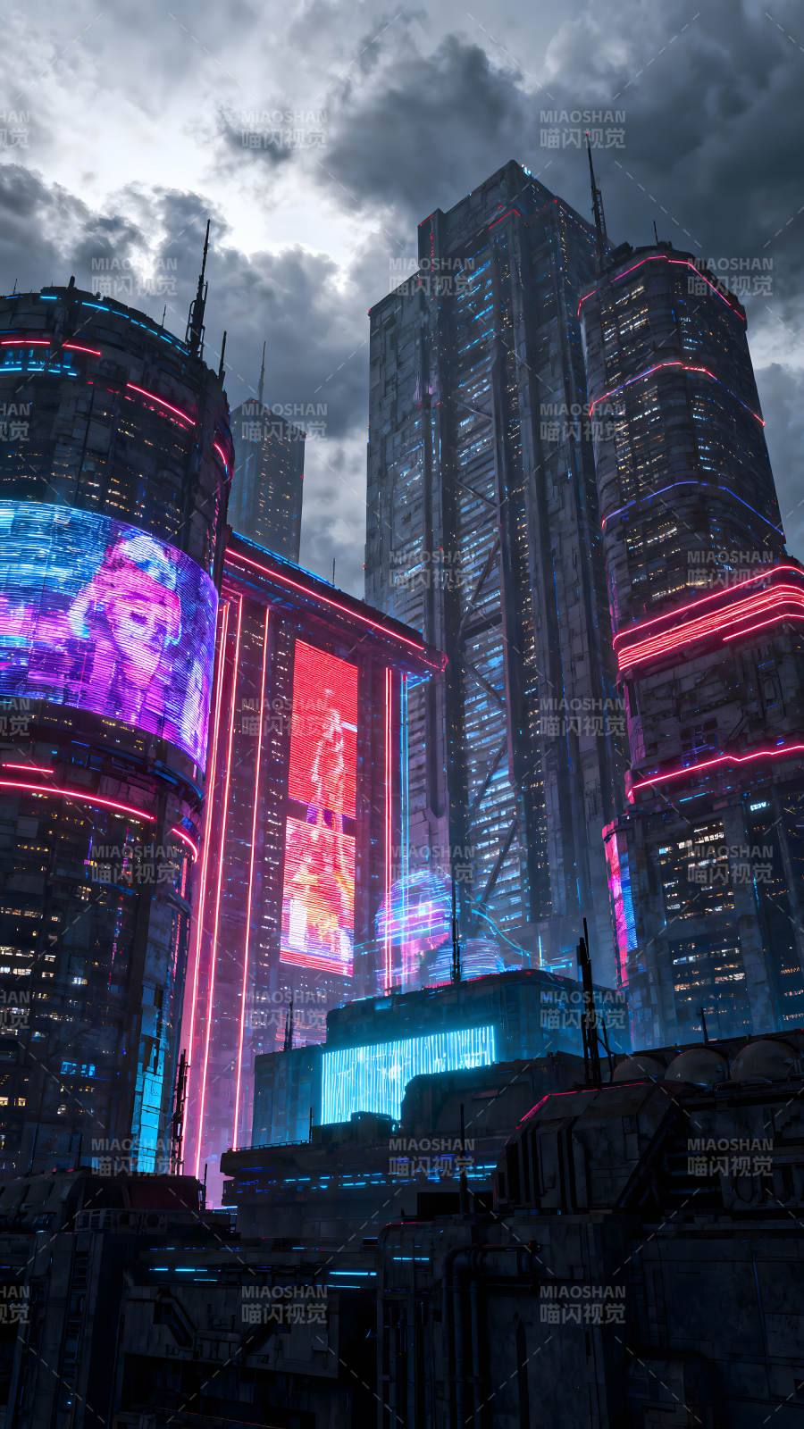 赛博朋克风格城市夜景高楼林立图片