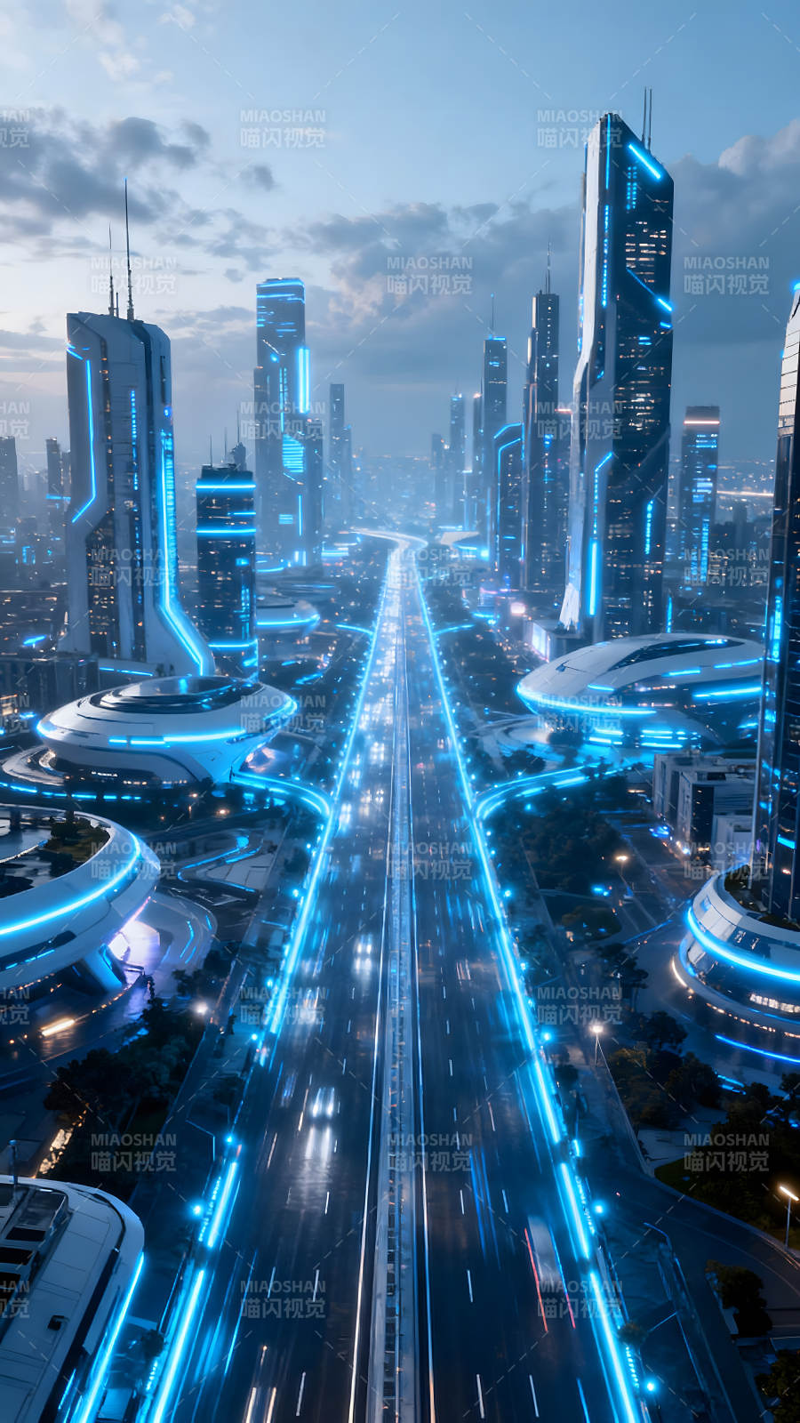 未来城市夜景高速公路与摩天大楼图片
