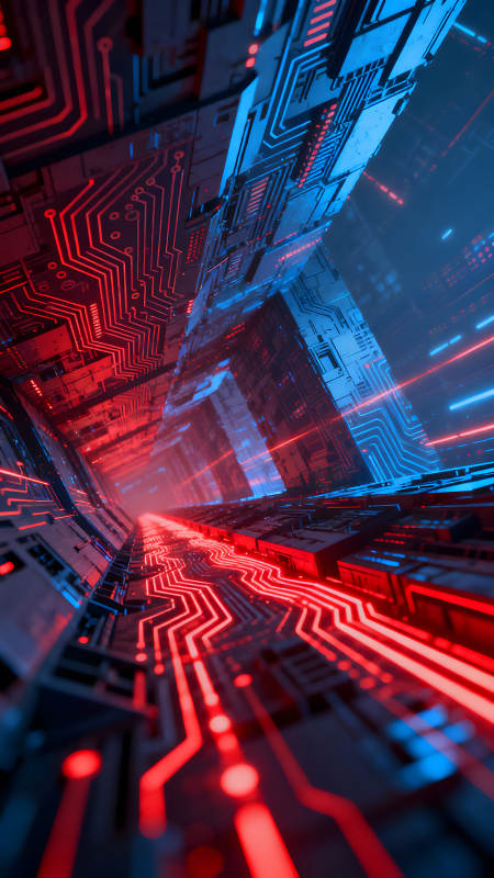 科幻电路隧道红蓝光影图片