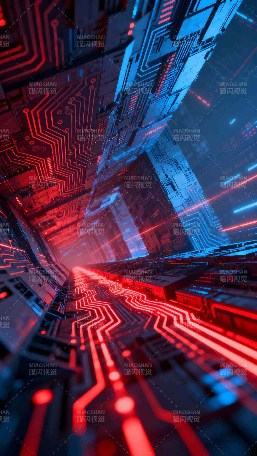 科幻电路隧道红蓝光影图片