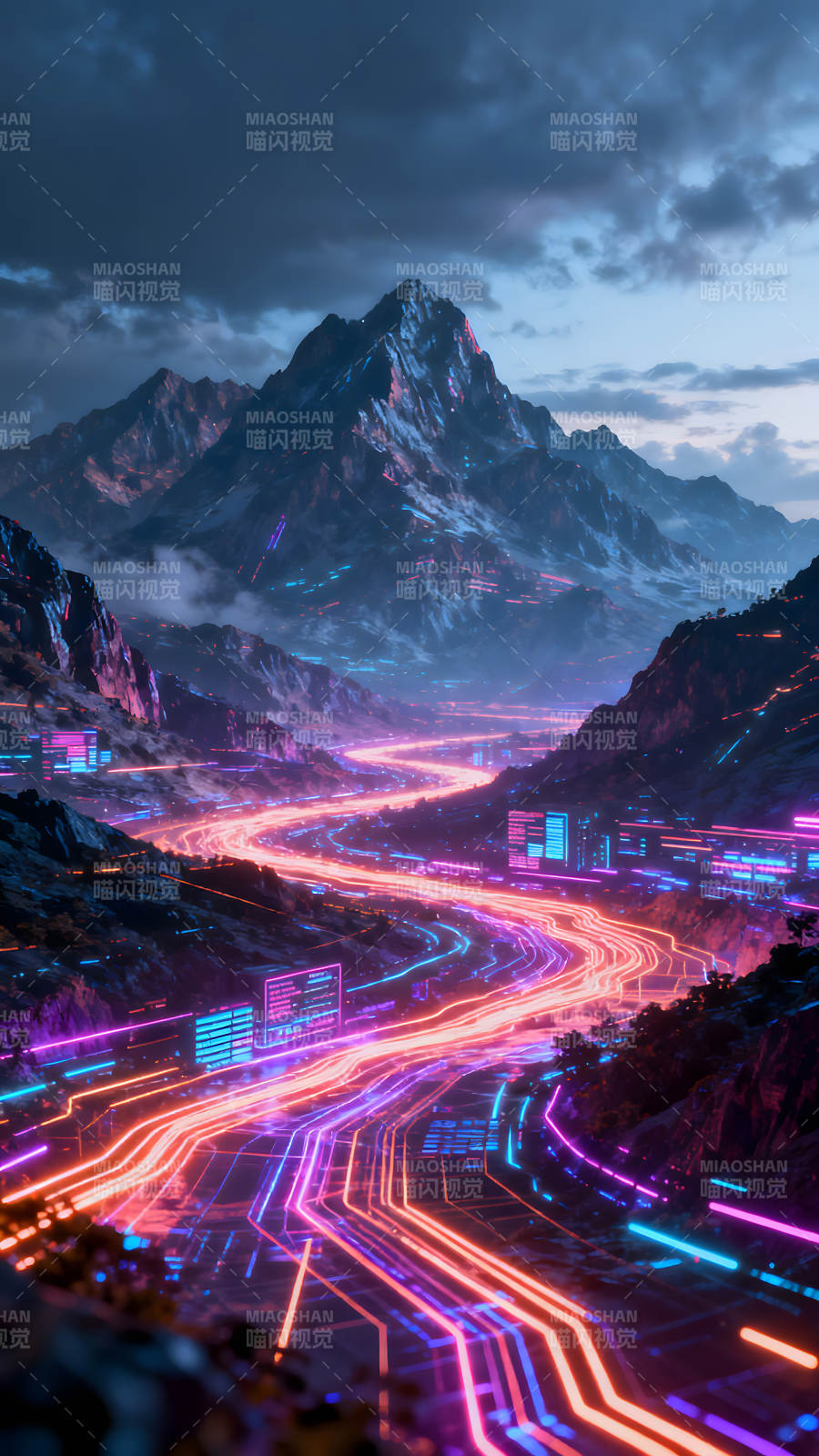 霓虹山谷科幻公路赛博朋克壮丽景色图片