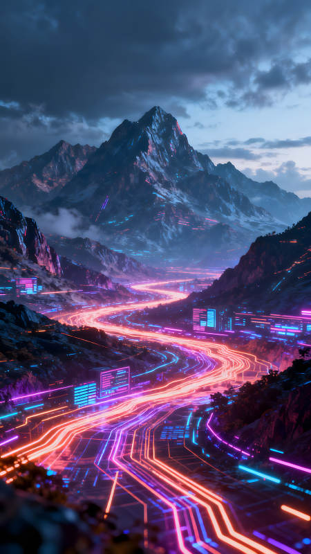 霓虹山谷科幻公路赛博朋克壮丽景色图片