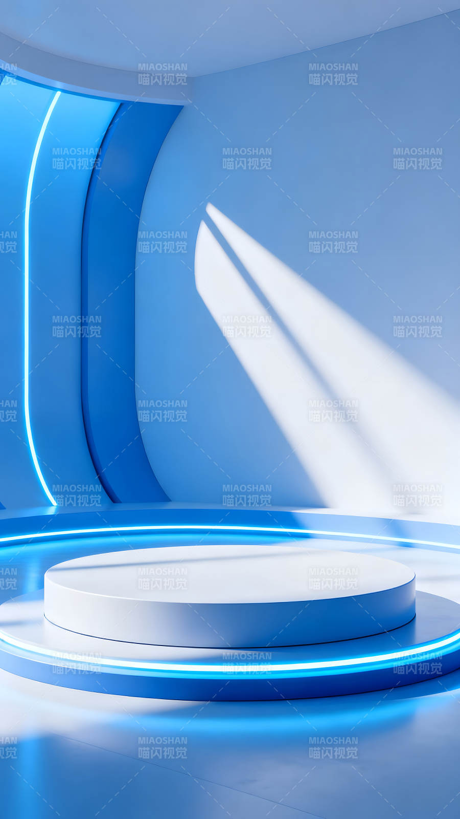 蓝色舞台灯光照射白色圆形展示台图片
