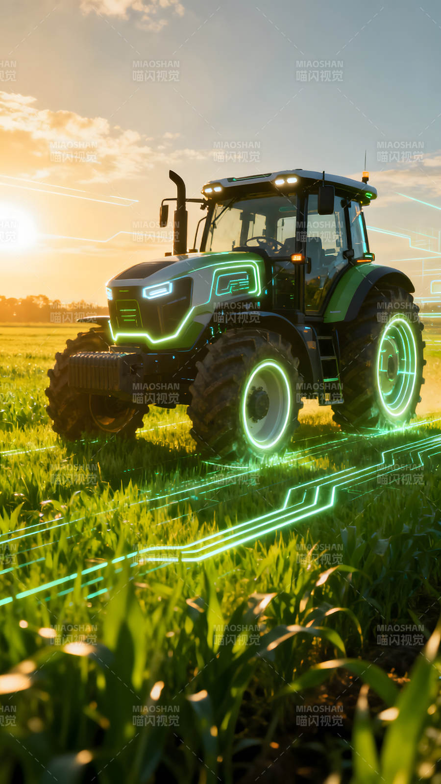 未来农业智能拖拉机在田野中行驶图片