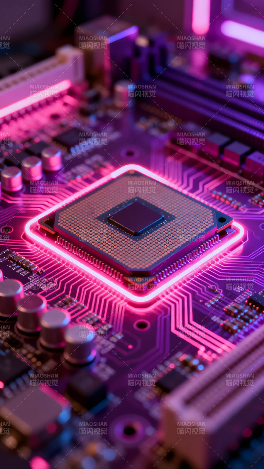 电脑主板芯片发光特写图片