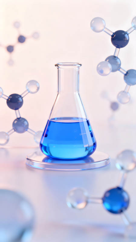 化学实验场景蓝色液体和分子模型图片