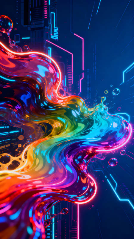 霓虹液体与科技背景的绚丽融合图片