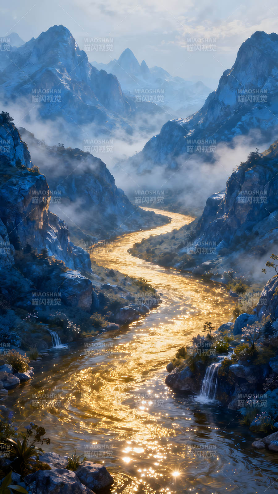 金光闪耀的山谷河流风光图片