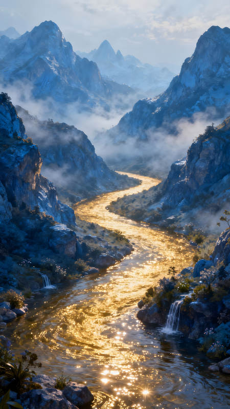 金光闪耀的山谷河流风光图片