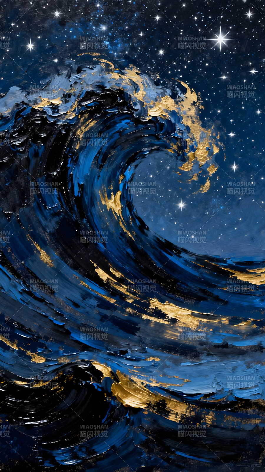 星空下的巨浪金色点缀的油画图片
