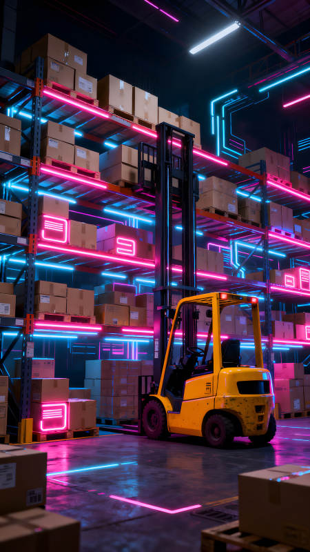霓虹灯仓库内的叉车图片