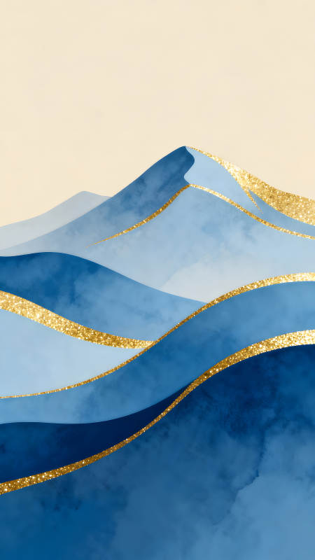 蓝色山峦金色线条抽象艺术图片