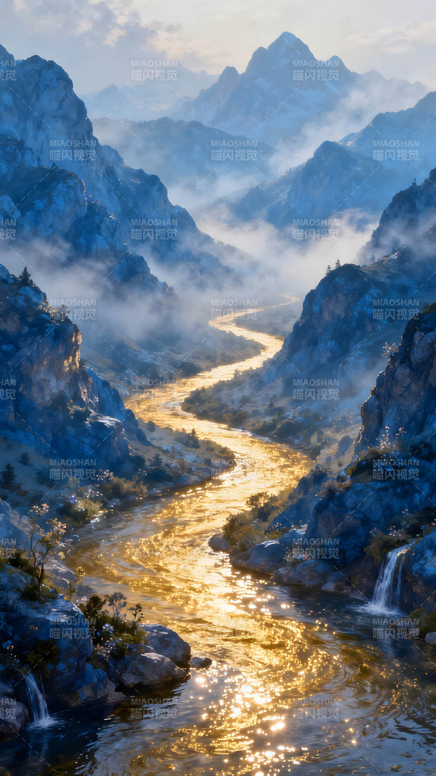 金光粼粼的峡谷河流景色图片